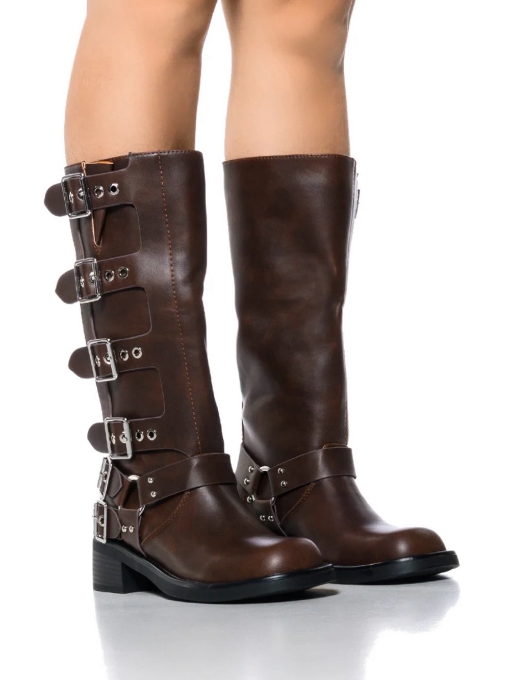 Steve Madden Dark Brown Buckled Mid-Calf Combat Boots